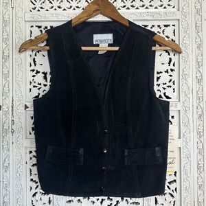 Vintage NWT Black Suede Leather Biker Snap Button Vest Sz Medium